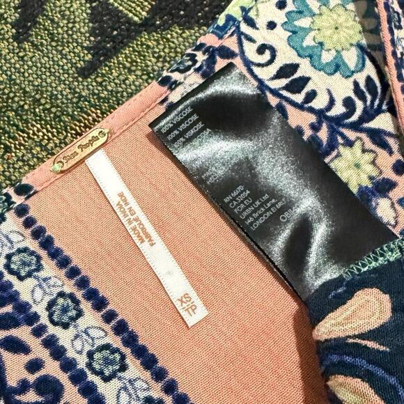 Free People Rosalie Mint Green & Peachy Orange Paisley Bell Sleeve Faux Wrap Top - Picture 8 of 8